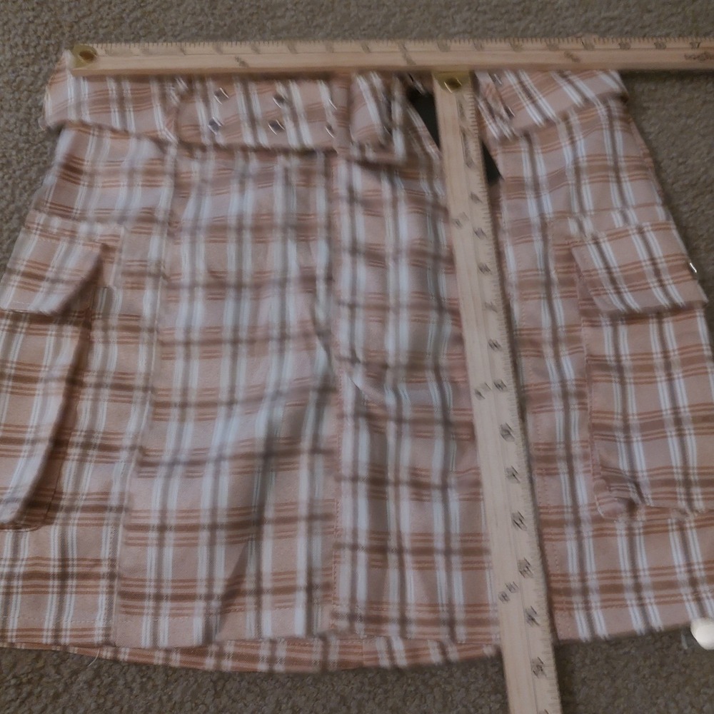 Unbranded Cargo Mini Skirt Women Size M Tan Plaid Excellent Belted Utility